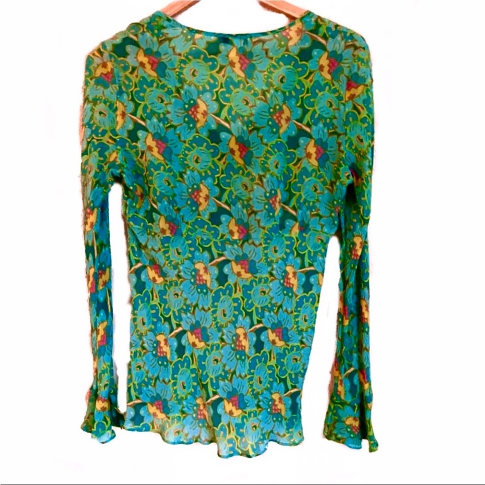 Harolds 100% Silk Tie Front Green Floral Top Blouse - Picture 5 of 8